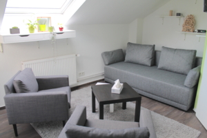 Das Foto zeigt das Beratungsbüro der Systematischen Beratung Solingen mit einer gemütlichen grauen Couchgarnitur und 2 Sesseln.